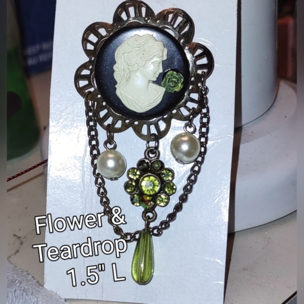 Upcycled Vintage Right-faced Ivory & Black Cameo Brooch w/Drop